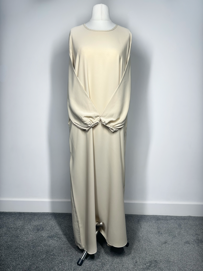 Cream Plain abaya with elasticated cuff sleeves