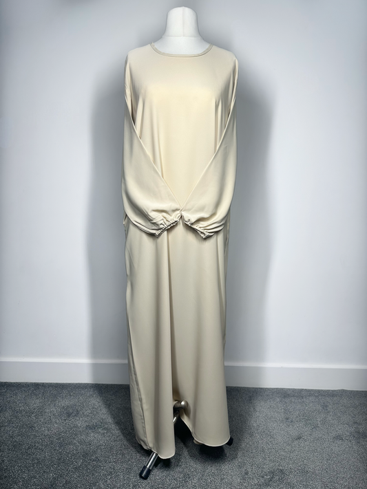 Cream Plain abaya with elasticated cuff sleeves