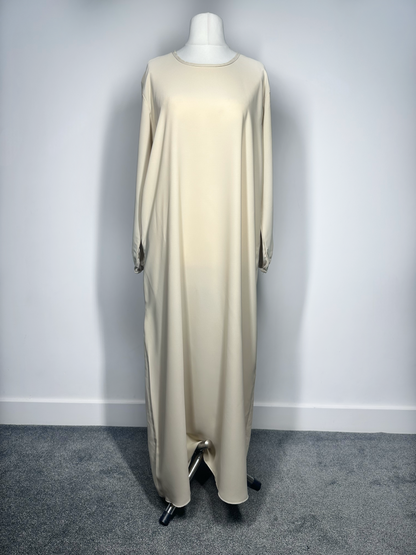 Cream Plain abaya with elasticated cuff sleeves