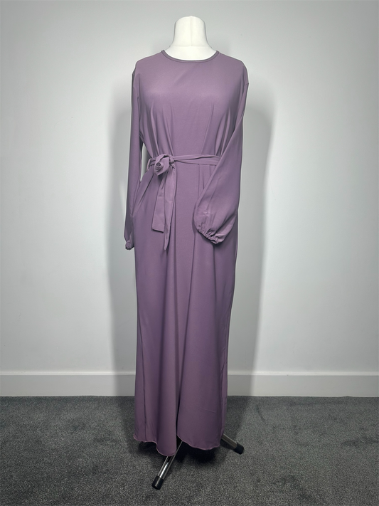 Purple Plain abaya with elasticated cuff sleeves and Belt