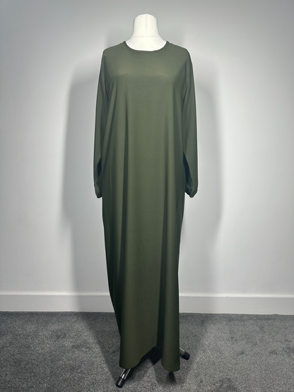 Khaki Plain abaya with elasticated cuff sleeves