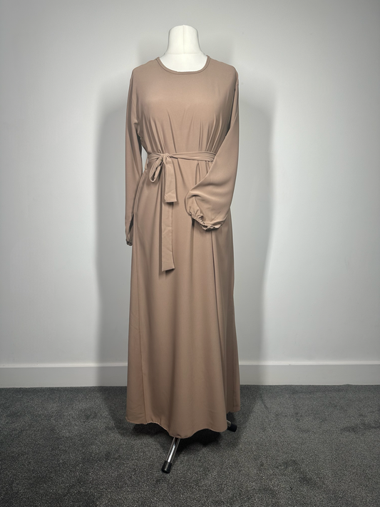 Coffee Plain abaya with elasticated cuff sleeves and Belt