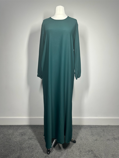 Bottle Green Plain abaya with elasticated cuff sleeves and Belt