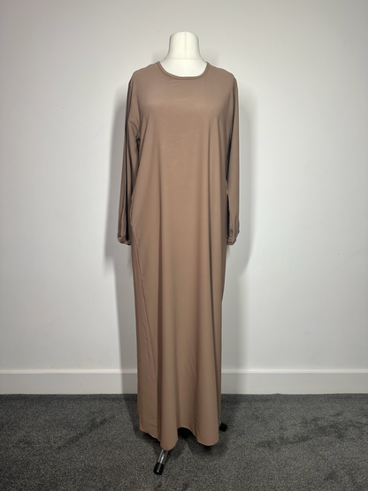 Coffee Plain abaya with elasticated cuff sleeves and Belt