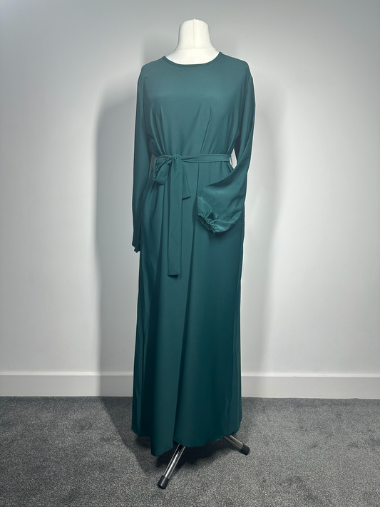 Bottle Green Plain abaya with elasticated cuff sleeves and Belt