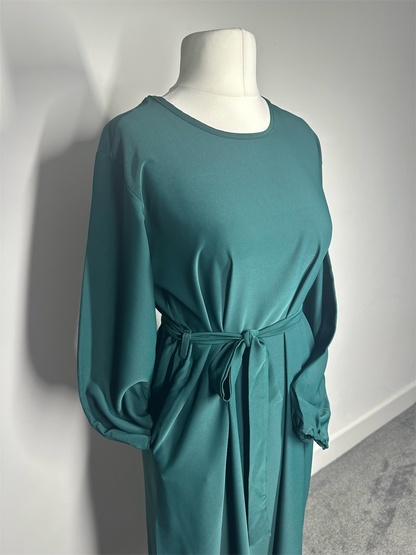 Bottle Green Plain abaya with elasticated cuff sleeves and Belt