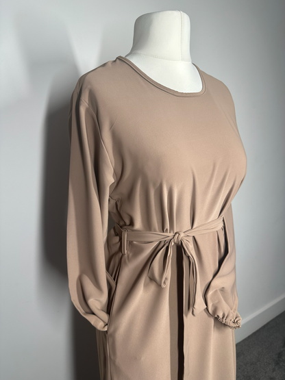 Coffee Plain abaya with elasticated cuff sleeves and Belt